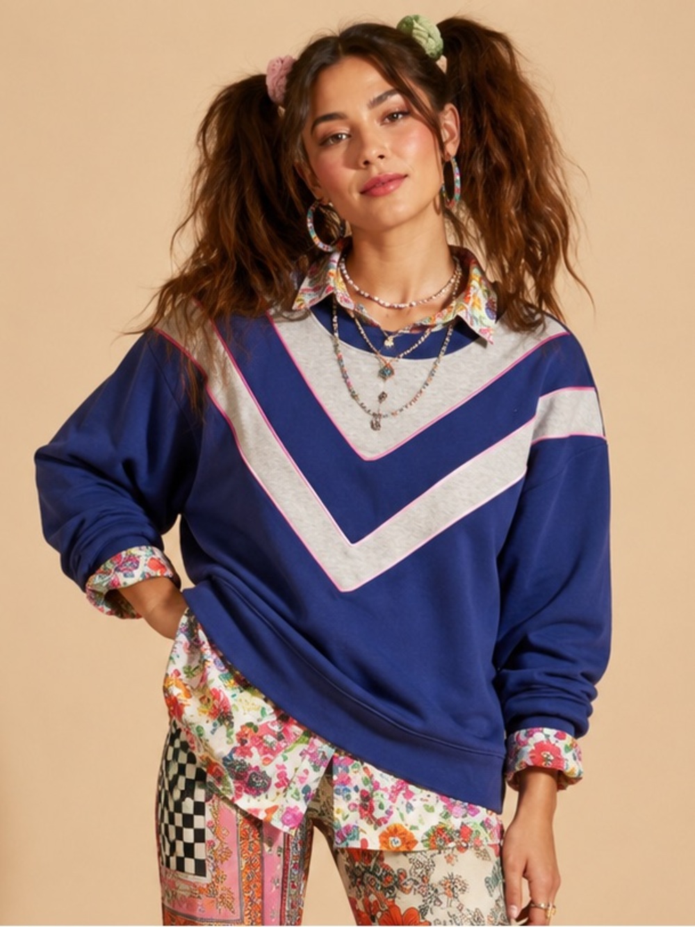 Anthropologie Maeve V-Striped Chevron Varsity Sweatshirt Blue Gray Pink Size S